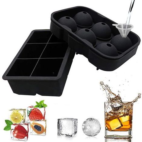 Juego de 2 moldes para cubitos de hielo, uno esférico y otro cúbico, con tapas, fabricados en silicona flexible. (1/5)