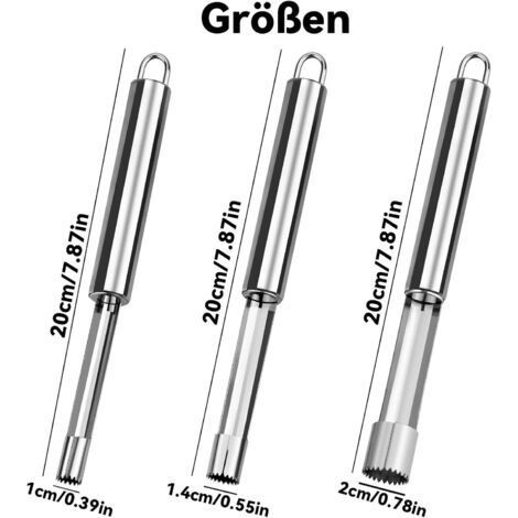 3-teiliges Apfelentkerner-Set aus Edelstahl – Entfernt Kerne aus Äpfeln und Birnen – 3 Größen (2, 1,4, 1 cm) – Mit Aufhängeöse – Küchenutensil (1/3)
