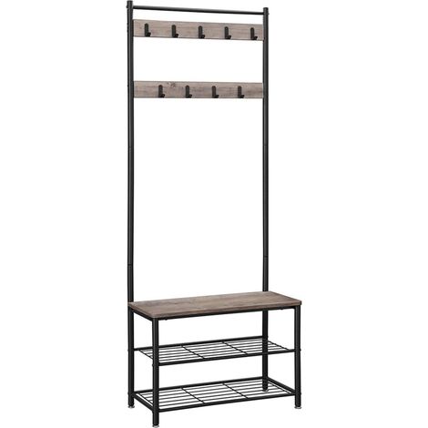 Portemanteau meuble d’entrée vestiaire portant avec banc et étagères à chaussures crochets cadre en métal hauteur 175 cm style industriel grège et noir