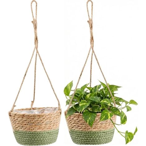 Lot de 2 pots de fleurs suspendus en jonc de mer tissé à la main avec corde de suspension, 20 cm, pour plantes grasses, herbes, pour l'intérieur et l'extérieur (1/5)