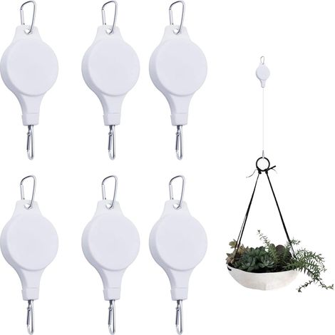 Lot de 6 crochets rétractables pour poulie pour plantes d'intérieur et d'extérieur, pots de fleurs, paniers de jardin et mangeoires à oiseaux, Blanc