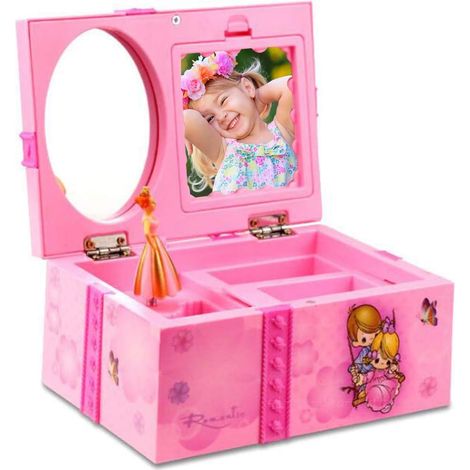 Jewelry Storage Box, Case with Mini Makeup Mirror, Photo Frame for Girls Pink (1/5)