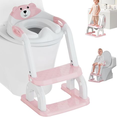 Réducteur WC Enfant 2-en-1 - Pliable Réglable 8 Niveaux - Marche Pied Antidérapant - Siège PU Confortable - Pour Toilettes V O U - Rose (1/5)