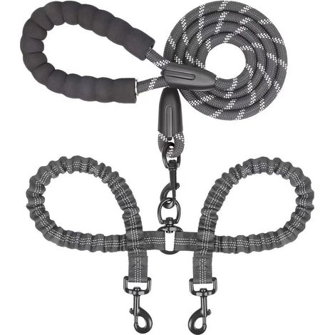 Doppelleine für zwei Hunde, robust und verstellbar, verwicklungsfrei, ausziehbar und einziehbar, ideal zum Gassigehen mit zwei Hunden. (1/4)