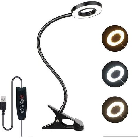 7W Usb Lampe De Bureau à Pince, 3 Couleurs Et 10 Luminosité Réglables, 48 Led 350° Flexible, Lampe Pince Pour Lit, Liseuse Lampe De Lecture Livre, Dimmable Usb Clip Lampe De Chevet Pour Lire (Noir) - (1/5)