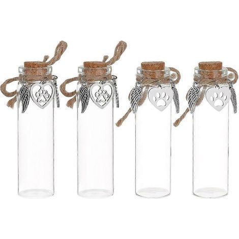 Set mit 4 Souvenirfläschchen für Tierhaare (Hund/Katze), Mini-Klarglasfläschchen mit Engelsflügeln, Herz- und Pfotenabdruckmotiv. (1/5)