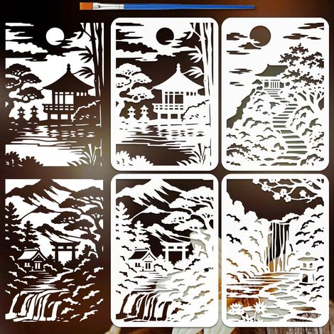 4pcs Pochoir Peinture Paysage Oriental avec Pinceau 21x29.7cm Modèle Dessin Arbre Maison Décoration Pochoir Soleil Nuages Thème Oriental pour Décoration Mur Sol (1/5)
