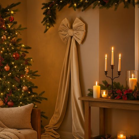 Fiocco in velluto color Champagne per decorazioni natalizie e puntale albero da 48 cm x h 180 cm (1/4)