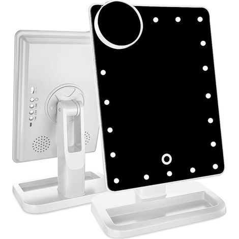 Miroir de maquillage lumineux Bluetooth avec écran tactile, haut-parleur sans fil, intensité de lumière réglable, grossissement x10 amovible et batterie rechargeable (1/5)