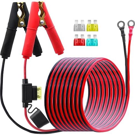 Battery Alligator Clip to O-Ring Terminal with Fuse 20A, 14AWG 12V-24V O-Terminal on Crocodile Battery Cable, Car Battery Cable, Inverter (3m) (1/5)