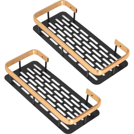 Étagère de douche double paroi, rectangulaire, gain de place, en aluminium, prête à installer, sans perçage, accessoire de salle de bain, noir/or (1/5)