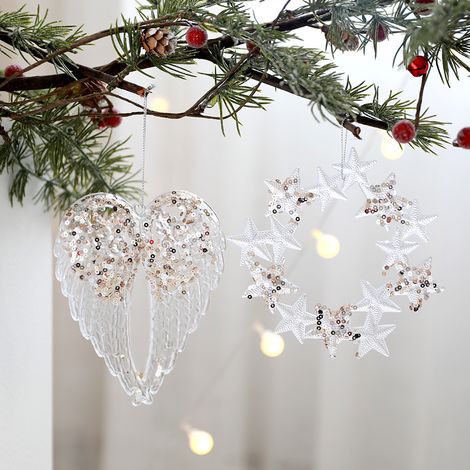 2 Christbaumschmuck-Anhänger, glitzernde Acryl-Anhänger, Stern- und Flügelgirlandenform, passend für Weihnachtsbaum, Lametta-Girlanden-Dekorationen