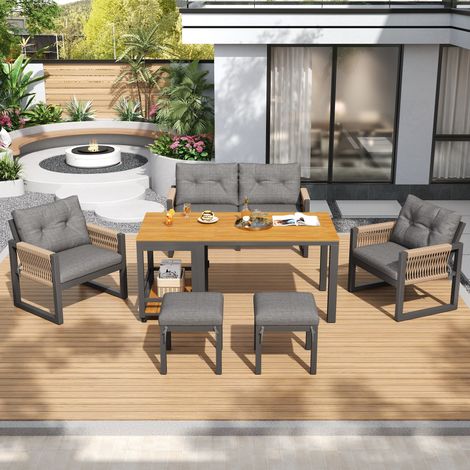 Set tavolo e sedie da giardino, salotto da esterno modulare con divano e poltrone, struttura in ferro e corda intrecciata, grigio