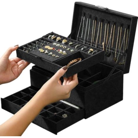Boîte à bijoux en velours à trois tiroirs verrouillables, boîte à boucles d'oreilles et bagues, boîte d'emballage pour ornements, boîte de rangement pour bijoux et bracelets. (1/5)