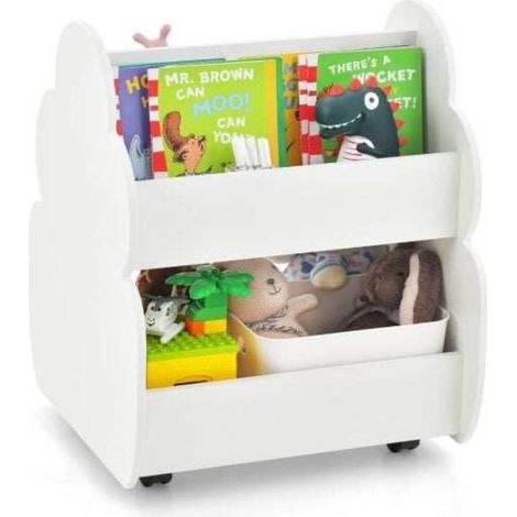 2 Niveaux Bibliothèque Enfant à Roulettes Rangement Livres et Jouets Mobile Double Face MDF Blanc (1/5)