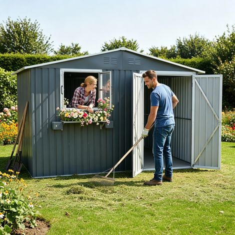 Gartenhaus aus Metall, 7,19 m², anthrazitgrau, aus verzinktem Stahl, 295 x 243,6 cm, 2 zu öffnende Fenster, abschließbare Türen