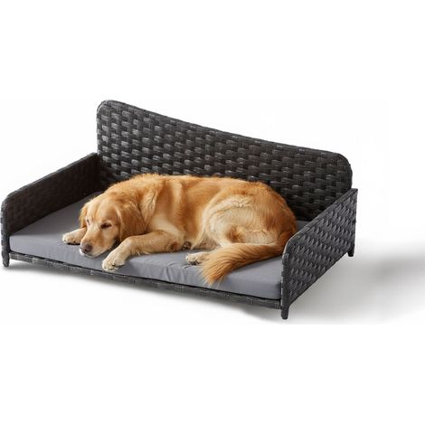 Relaxdays Rattan Dog Bed, XL, H x W x D: 38x87x49 cm, raised dog bed with cushion, outdoor & indoor, grey