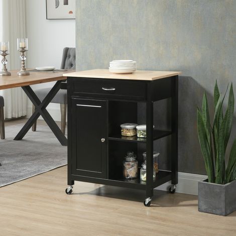 Carrito de cocina de madera con cajón, armario y ruedas, 83x45x88cm, negro (1/5)