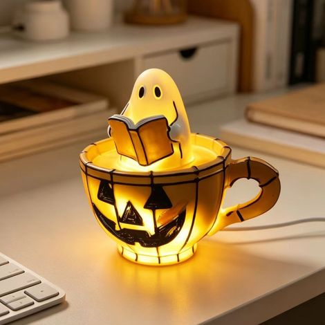 Lampe à tasse à thé fantôme d'halloween, lampe en résine de tasse de citrouille USB, ornements de décoration de scène créatifs (1/5)