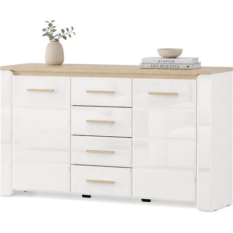 Credenza Barone, Sideboard 4 Schubladen, 3 Einlegeböden, Türen, Schiebetür, 154x41x88h cm Weiß