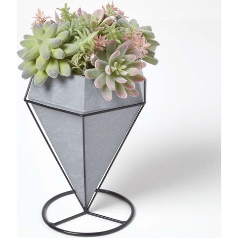 HOMESCAPES Artificial Cactus and Succulent Arrangement in Decorative Geometric Grey Pot, 31 cm Tall