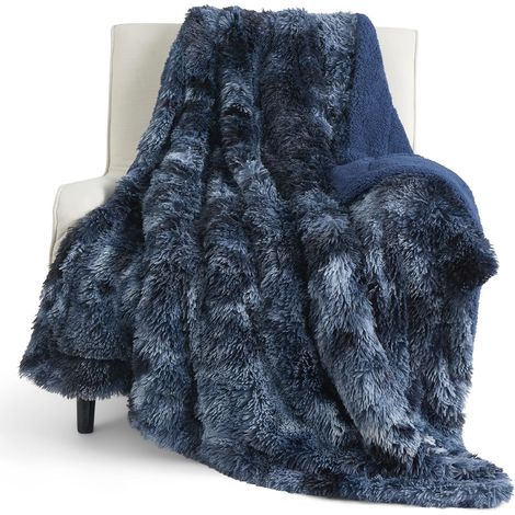 Couverture en fausse fourrure douce bleu marine pour canapé – fausse fourrure pelucheuse, moelleuse et poilue, Sherpa doux et épais, cadeau décoratif tie-dye, 127 x 152,4 cm, 640 g/m² (1/5)