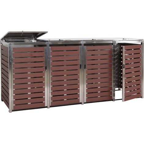 4x copribidoni box spazzatura rifiuti HHG-701 85x264x120cm acciaio inox WPC marrone