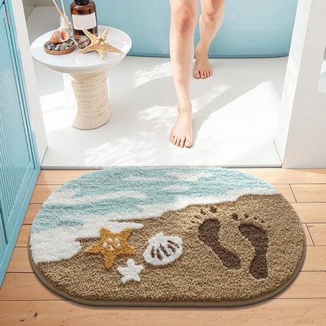 Tapis - Paillasson - Tapis de bain antidérapant motif marin - Doux et absorbant - Design océan bleu avec étoiles et coquillages - Usage intérieur - 50 x 80 cm (1/5)