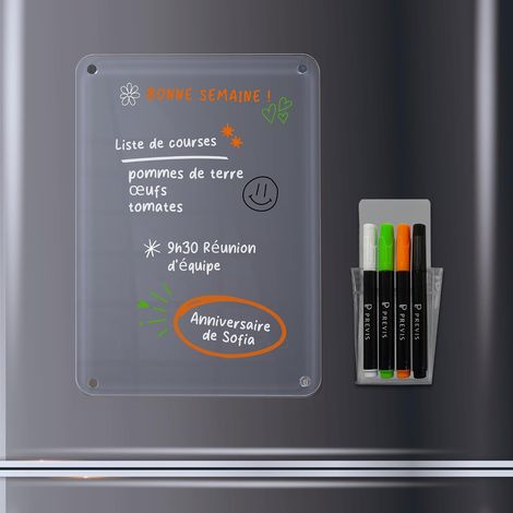 Tableau blanc magnétique transparent A4 minimaliste et élégant pour écrire des tâches, des menus, des listes de courses avec 4 marqueurs de couleurs vives et un support magnétique - Réfrigérate (1/5)