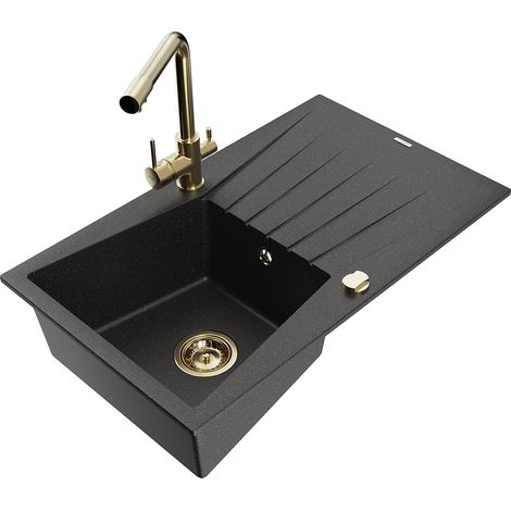 Mexen Cesar lavello in granito 1-vasca con sgocciolatoio e rubinetto cucina Duero, nero/argento metallizzato - 6514-73-671600-50 (1/5)