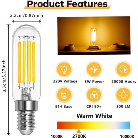 T22 E14 LED-Kühlschranklampen, 3 W, warmweiß (2700 K), SES Pygmy Bulbs Ersatz-E14-Kühlschranklampen, 25 W, 300 Lumen, kleine Schraublampen für Nachtlicht, 2er-Pack (1/4)