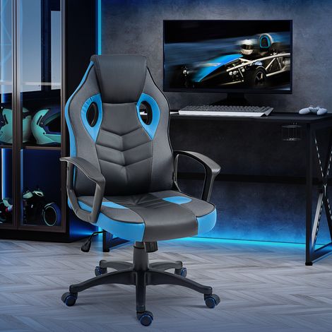 Sedia Gaming Ergonomica, Poltrona da Ufficio Girevole con Rotelle in Pelle PU Nera e Blu, Altezza Regolabile (1/5)