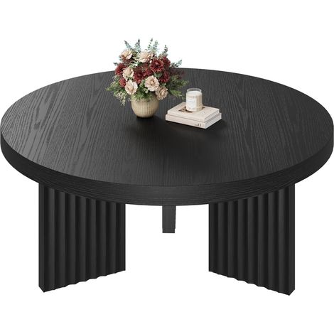 Table Basse Ronde 85 cm, Plateau Épais Effet Bois, Pieds Cannelés, Idéale Pour Salon Et Petits Espaces, Montage Facile Noir (1/5)