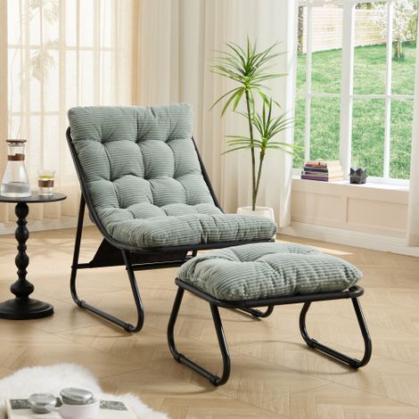 Poltrona da patio con ottoman, poltrona a dondolo comfort, con imbottitura morbida e ottoman, per sala, camera e sala di lettura struttura in nero con imbottitura verde chiaro