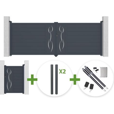 Portail battant 4m LIFE H.140cm gris + Portillon 1m LIFE H.140cm + 4 poteaux ELDA + motorisation Ranger B150 (1/5)