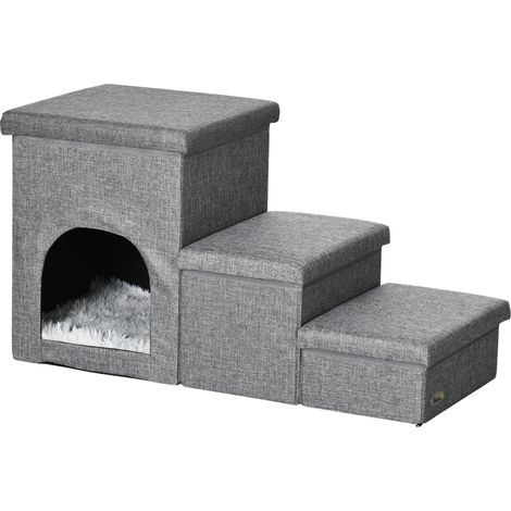 PawHut Scaletta per Cani e Gatti con Casa e Spazio Portaoggetti in MDF Grigio