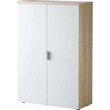 Armadio multiuso 2 ante Plano, Mobile multifunzione, Armadio porta scarpe con 3 ripiani, Scarpiera moderna, 80x33h119 cm, Rovere e Bianco