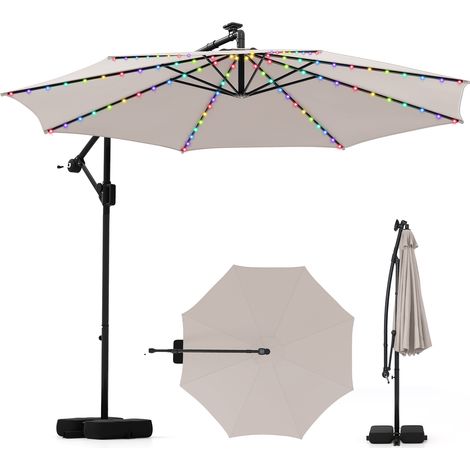Parasol Déporté Solaire 3 M avec Base, Parasol Inclinable avec Lumières LED, 9 Modes, Rotation à 360°, Manivelle, Auvent, Beige (1/5)