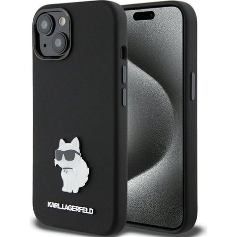 Hülle für iPhone 15 Plus Karl Lagerfeld Silikon Choupette Metallpin Schwarz (1/5)