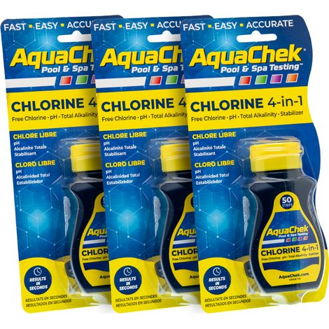 Pack 3 Aquachek Yellow Analysestreifen für Chlor, pH, Alkalität und Cyanursäure.