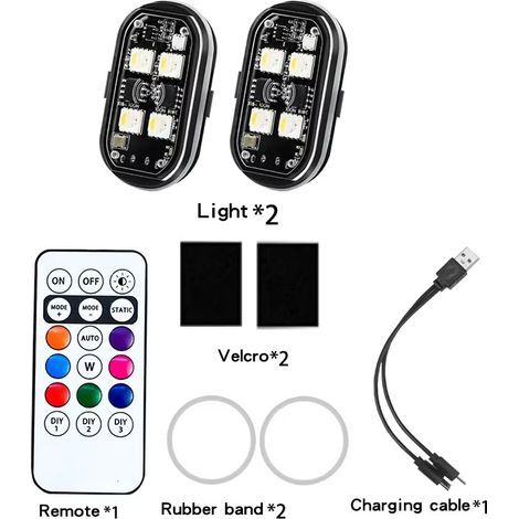 Verbesserte kabellose LED-Blitzleuchten (2 LEDs) mit Fernbedienung, 8 Farben, wiederaufladbar über Typ C, Antikollisionswarnleuchte für Autos und Motorräder (1/5)
