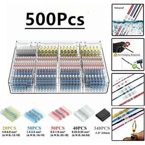 500 pcs Tube thermorétractable de borne de soudure électrique, Maidodo thermorétractable soudure bout à bout connecteur électrique isolé étanche marine automobile cuivre (1/4)