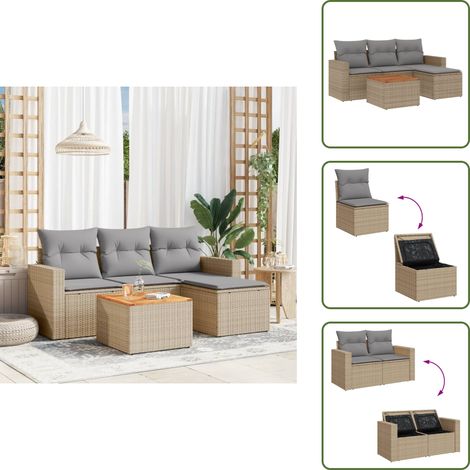 5-tlg. Garten-Sofagarnitur mit Kissen Beige Poly Rattan - Gartenmöbel - Lounge Set - Rattan Möbel - Outdoor Möbel - Gartenset (1/5)