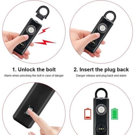Allarme personale portachiavi 130 decibel,Ricaricabile con luce LED,Portachiavi per autodifesa,bambini e persone bisognose (Nero,1 pezzo) (1/5)