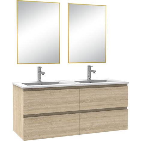 Acezanble Meuble de Salle de Bain 120cm Chêne Wotan Ensemble de 4 Pièces Meuble avec Lavabo +Miroir