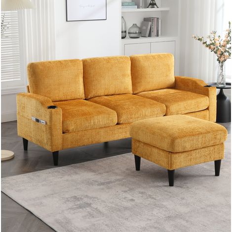 Canapé 4 places en chenille jaune 196,5 cm avec pouf coffre, porte-gobelets et poches latérales (1/5)