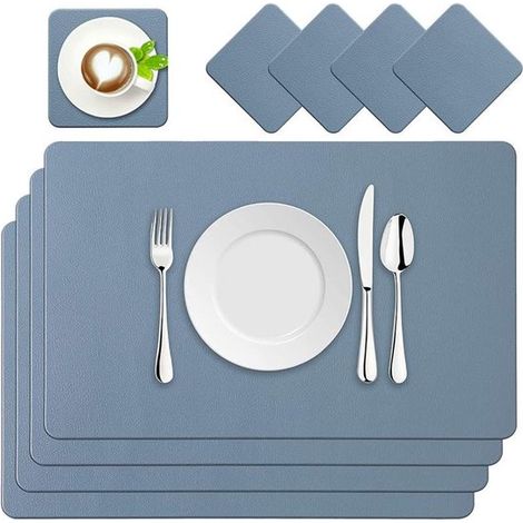 Platzsets Tischsets vierteiliges Set aus Platzsets Untersetzern aus Polyurethan-Kunstleder waschbar und wasserdicht geeignet für Esstische Bars Blau (1/5)