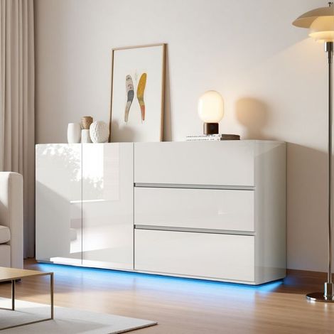 Buffet moderno, buffet bajo con 3 cajones 2 puertas, 160x35x76 cm, LED, armario de cocina, buffet bajo de salón, almacenamiento, blanco