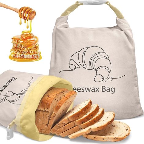 2er-Pack Bienenwachs-Brotbeutel – Lebensmittelaufbewahrungsfolie aus Baumwolle, wiederverwendbare Frischhaltemaschine für Brotaufbewahrung für natürliche Konservierung, Obst, Gemüse, Käse, Sandwich (1/5)