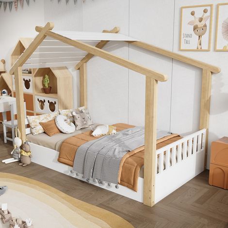 Lit enfant en bois 90x200 cm, lit simple avec sommier à lattes stable, couleur blanc et naturel – style épuré, gain de place pour chambre d'enfant (1/5)